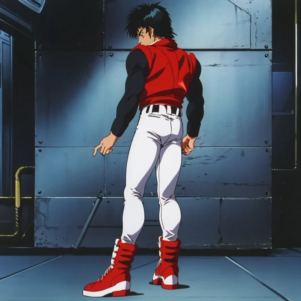 <lora:TakayaAiba002:0.7>,
solo,
TakayaAiba,1boy,black hair,spike hair,black eyes,retro artstyle,1980s (style),
uniform,red vest,long sleeves,
white pants,
red footwear,
full body,standing,looking back,