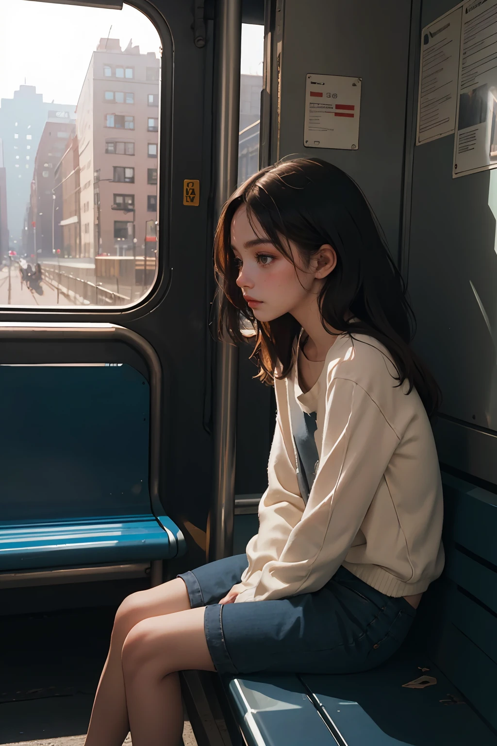 
A cute, calm-looking 18-year-old ((British descent)) girl, gazing out the bus window on her daily commute.