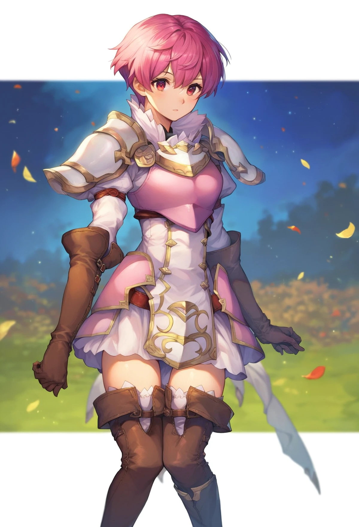 score_9, score_8_up, score_7_up, score_6_up, source anime, feh_seoreh_pnxl, fire emblem heroes, est, 1girl, solo, boots, thighhighs, thigh boots, armor, gloves, short hair, pink hair, ,whorled clouds, night sky, dappled moonlight, depth of field
<lora:fire_emblem_heroes_pony:1>