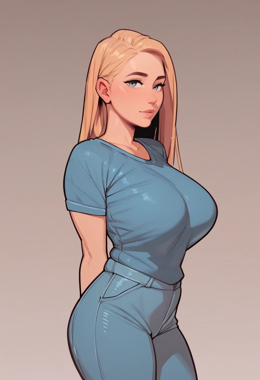 young woman standing looking at viewer, blonde hair, blue tshirt, blue pants, large breasts, solo BREAK score_9, score_4_up, <lora:MAREXL:1>