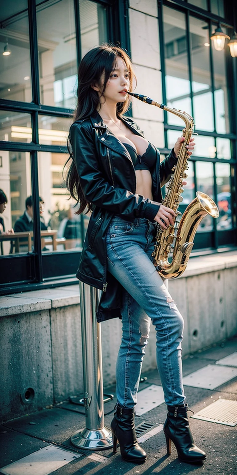 1girl, playing saxophone, saxophone, stand, full body, pantyhose, high-heeled boots,outdoor, open jacket, bra, jeans,long hair,big breasts,
masterpiece, best quality, 8k