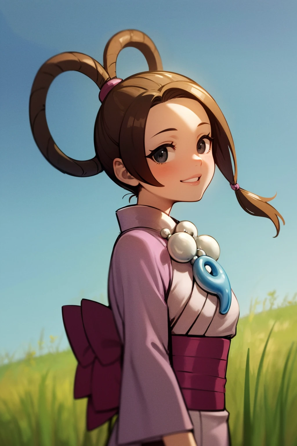 masterpiece, best quality,
1girl, pearlfeyold, brown hair, hair rings, black eyes, bracelet, half updo, obi, japanese clothes, kimono, magatama, necklace, sash,
smile, upper body, solo, looking at viewer, grass, blue sky, meadow background <lora:PearlFey:1>