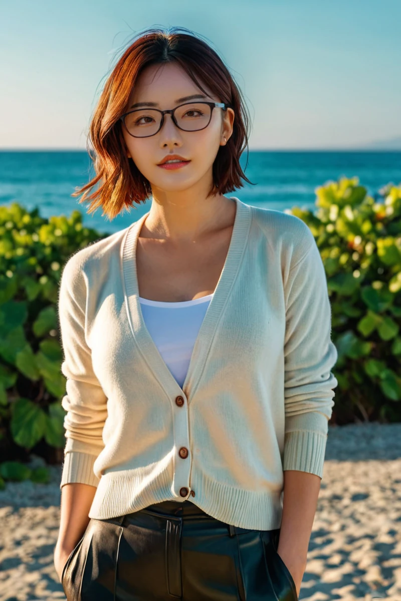 UHD, 4k, ultra detailed, cinematic, a photograph of <lora:sd_xl_dpo_lora_v1-128dim:1>,(masterpiece,best quality,ultra highres:1.1),uncensored,prefect lighting,side_light,rating_explicit,virtual background,BREAK
(beautiful face:1.1),(exquisite face:1.1),sweat and pure,blurry_background,
1girl 18yo,
<lora:neg4all_bdsqlsz_xl_V7:1>,<lora:RMSDXL_Enhance:1>,
<lora:stym_XL_0:1>,stym,black-framed_eyewear,
portrait,(collarbonea:1.3),upper_body,japanese av star,
(Cashmere_cardigan:1.4),(Cropped_trousers:1.3),(Leather_loafers:1.2),
A tropical island with crystal clear waters and colorful coral reefs,A critically acclaimed coming-of-age comedy-drama set in early 2000s Sacramento,Impressionist,Warp,Vibrant luster that catches and reflects light with stunning clarity,, epic, beautiful lighting, inpsiring