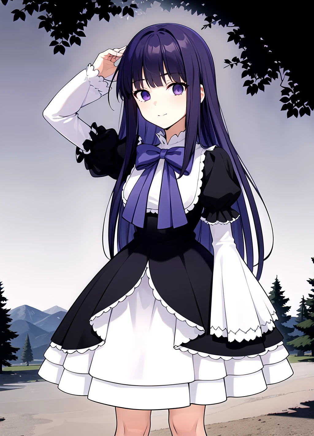 1girl, frederica bernkastel, solo, dress, long hair, layered sleeves, long sleeves, bow, puffy sleeves, short over long sleeves, short sleeves, black dress, sleeves past wrists, frills, purple bow, <lora:Frederica Bernkastel anything45pruned46r75r-000007:0.65>, black_sky, trees, looks at the viewer
