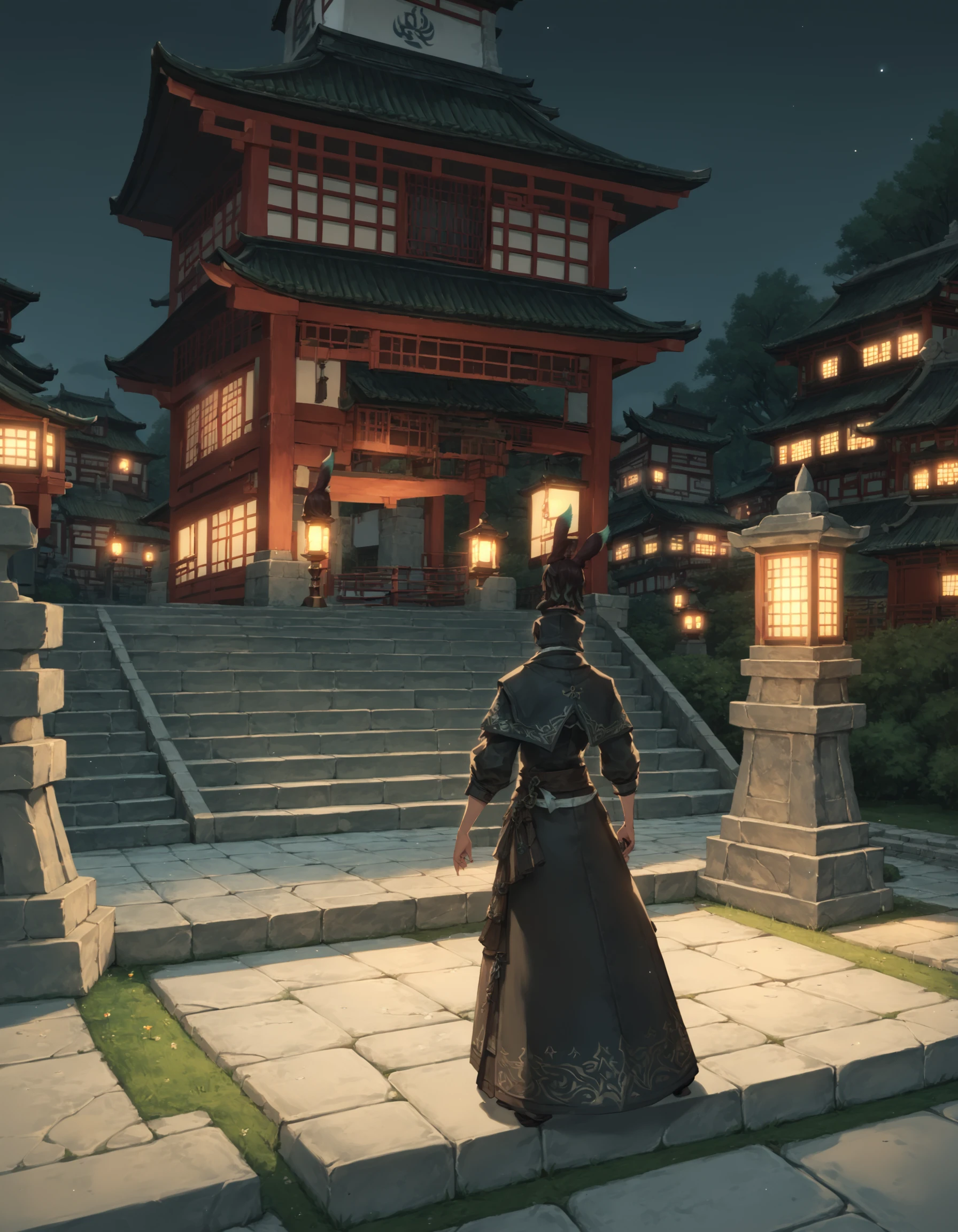 score_9, score_8_up, score_7_up, score_6_up, score_5_up, score_4_up, source_anime, BREAK khit'li viera, architecture, east asian architecture, scenery, outdoors, from behind, night, lantern, statue, standing, <lora:KhitliLocar_VieraPonyXL:0.75>