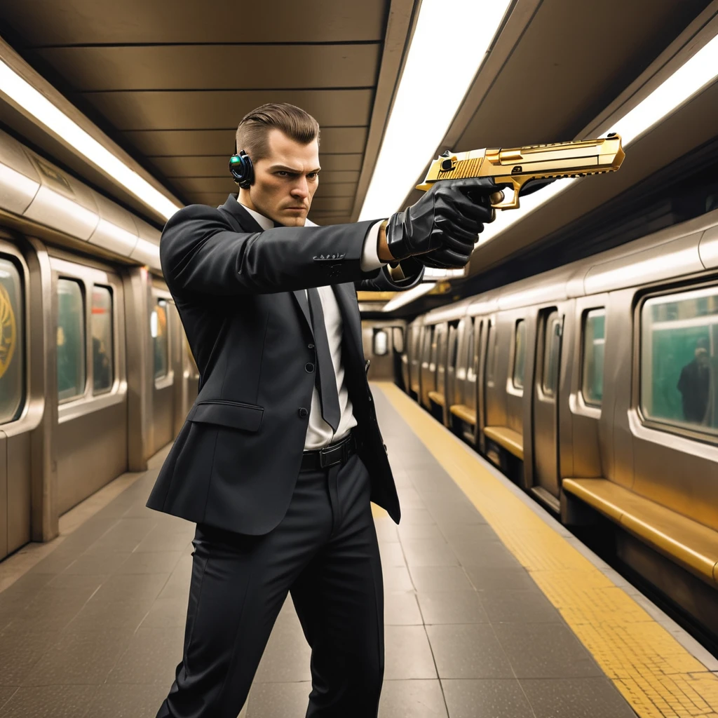 An agent in a black suit aiming a gold pistol in a subway station, cyberpunk, deagle,