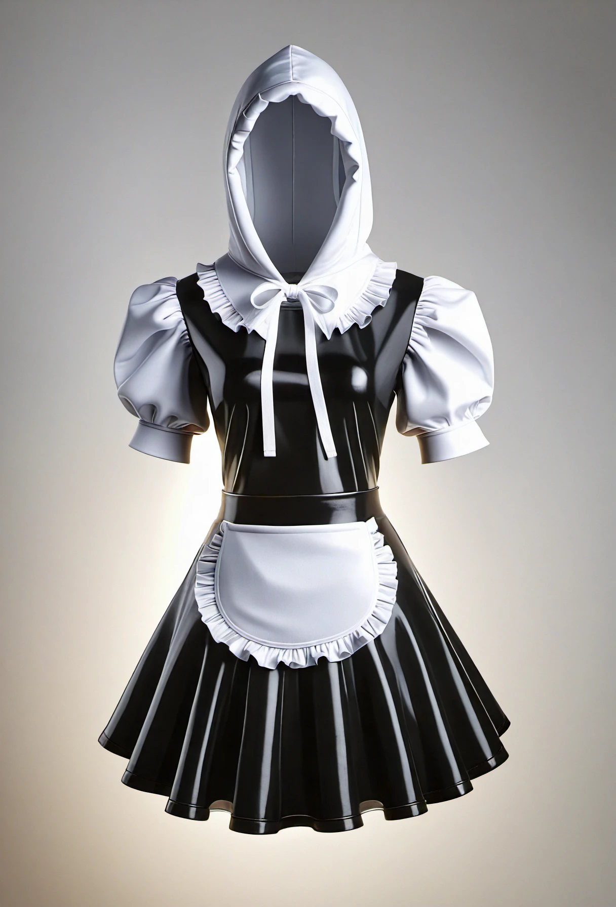 Hollow,A hollow stands with hollow hands loosely by their sides wearing a A black and white shiny dress hoodie, featuring puffy sleeves, a ruffled collar and skirt hem, and a white apron with a frill. 