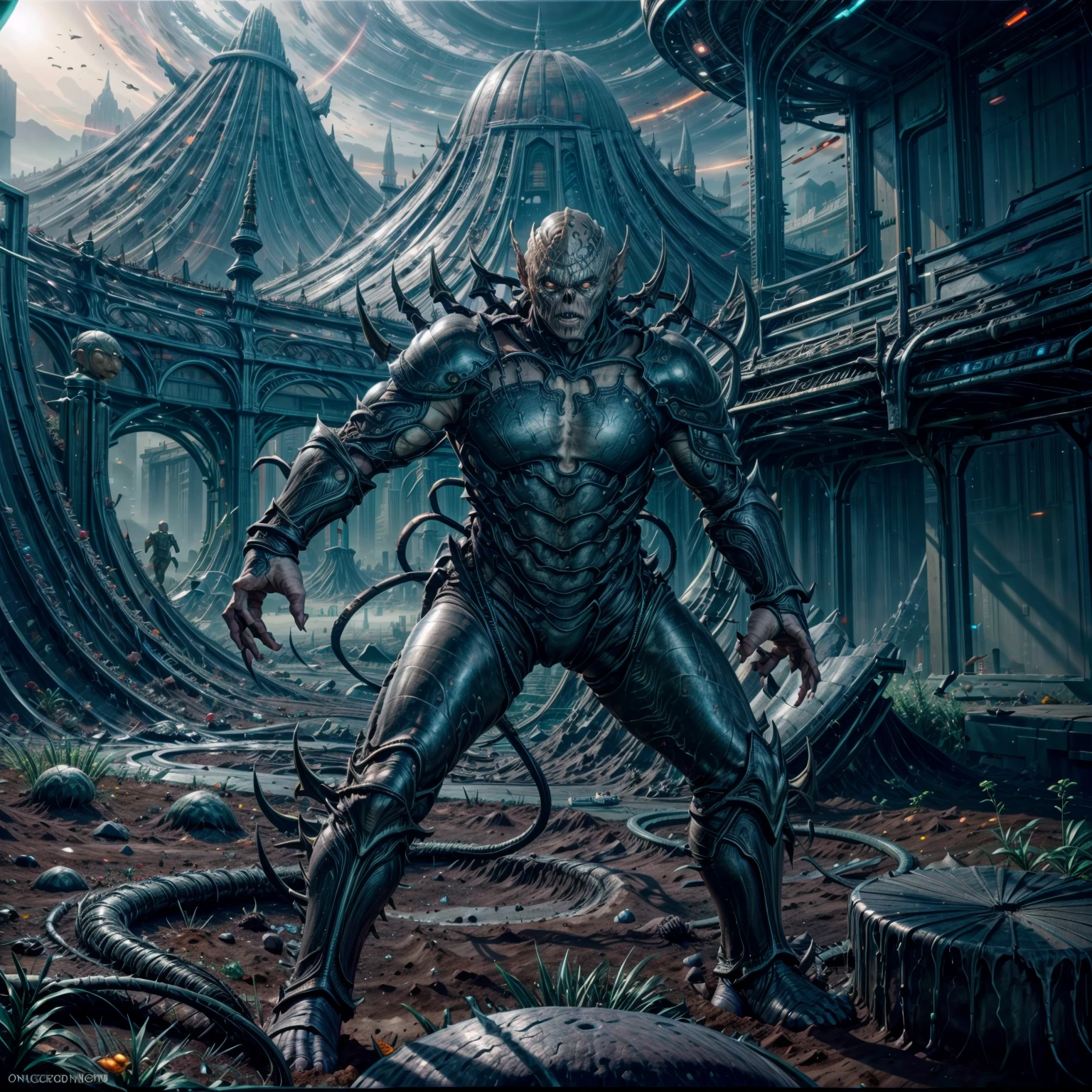 RAW photo of a male yuuzhan vong warrior <lora:YuuzhanVong:1> (wearing  organic black armor:1.3),<lora:add_detail:1> ,crouching and staring at the viewer, on an  <lora:Alienscape:.5>otherscape