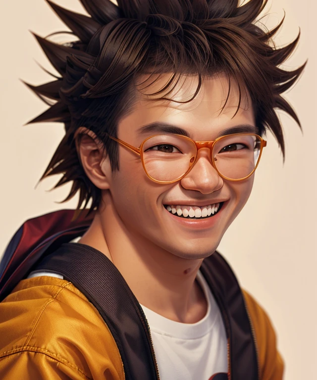 a3k1rt0r1 , ((Neutral background)), man,  close portrait photo, realistic, smile, asian, Goku hair