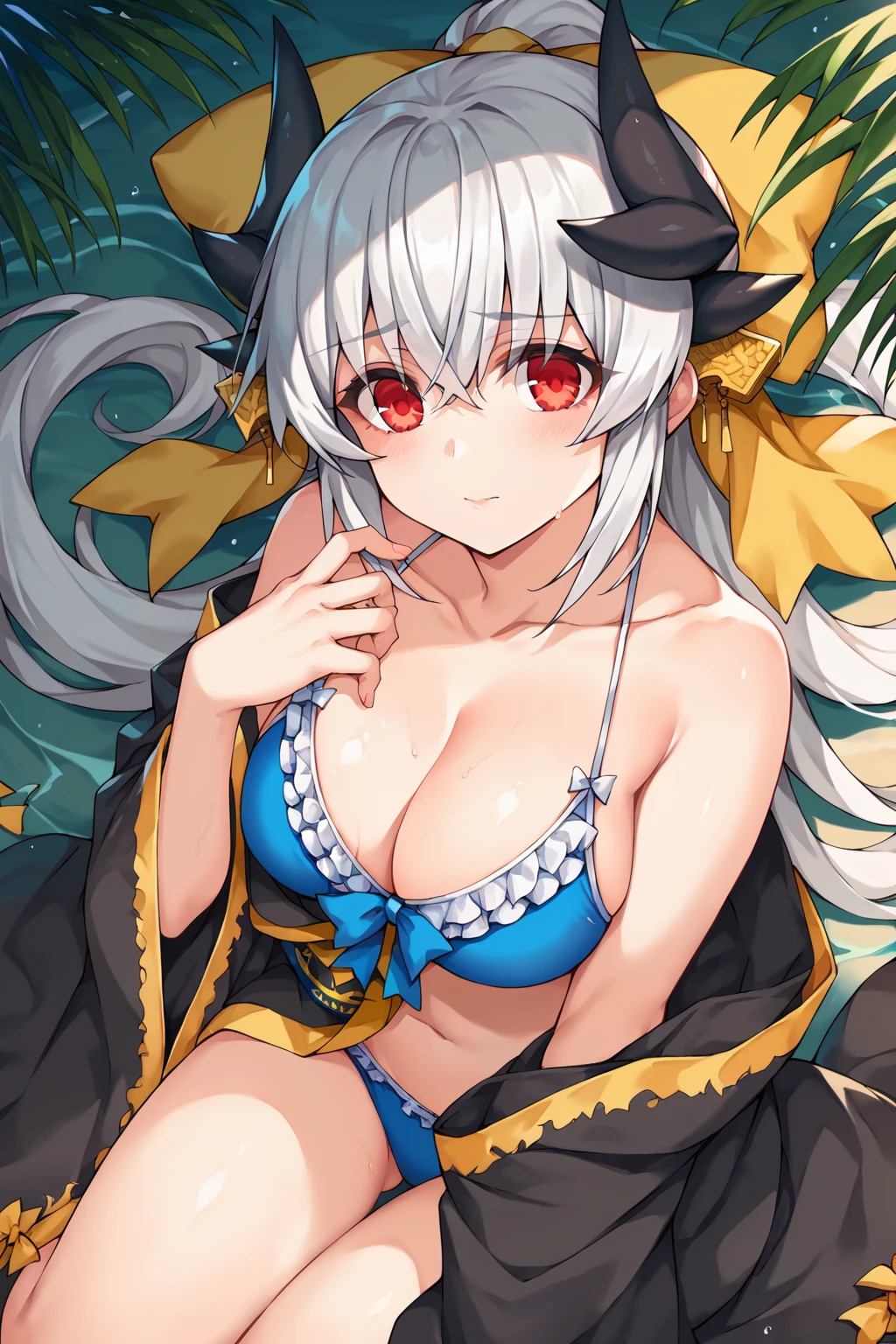 score_9, score_8_up, score_7_up, uncensored, source_anime, 1girl,  <lora:spfateKiyohimeXLPony-10:1> kiyola3st, white hair, horns, yellow bow, blue bikini, cleavage, frills, frilled bikini, japanese clothes, black kimono