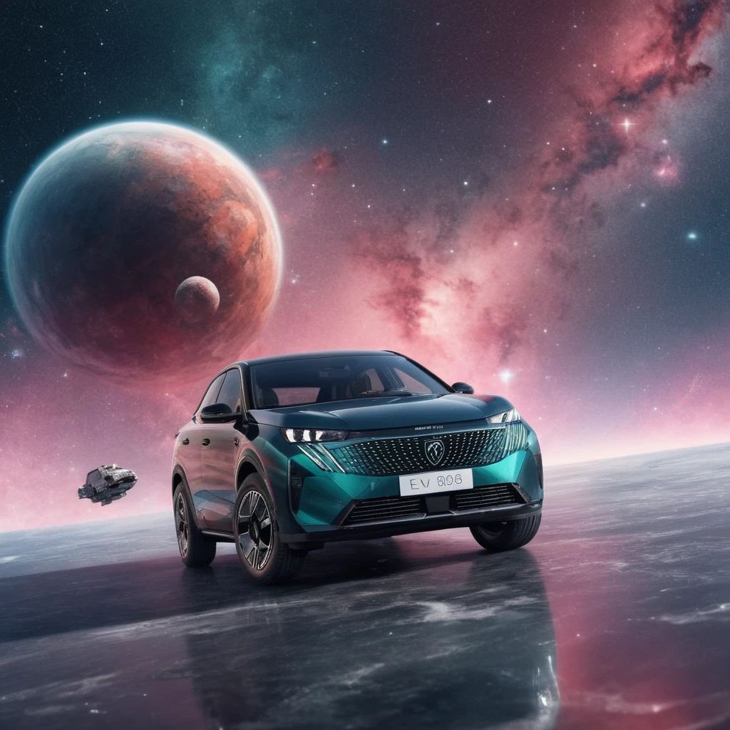 cinematic photo of e3008 car floating in space nebula background  <lora:e3008:0.8>