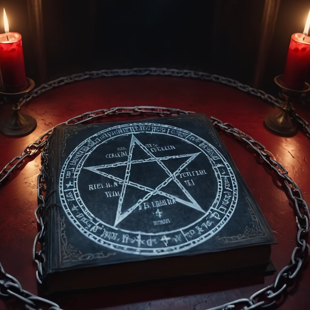 cinematic film still of <lora:Bible Black style:1> A realistic detailed cinematic photo of
a ritual epic book sealed in chains:1 book:1 behind a bloody:1 glowing:0.5 magic circular ritual portal pentagram in a cinematic epic scene, shallow depth of field, vignette, highly detailed, high budget, bokeh, cinemascope, moody, epic, gorgeous, film grain, grainy