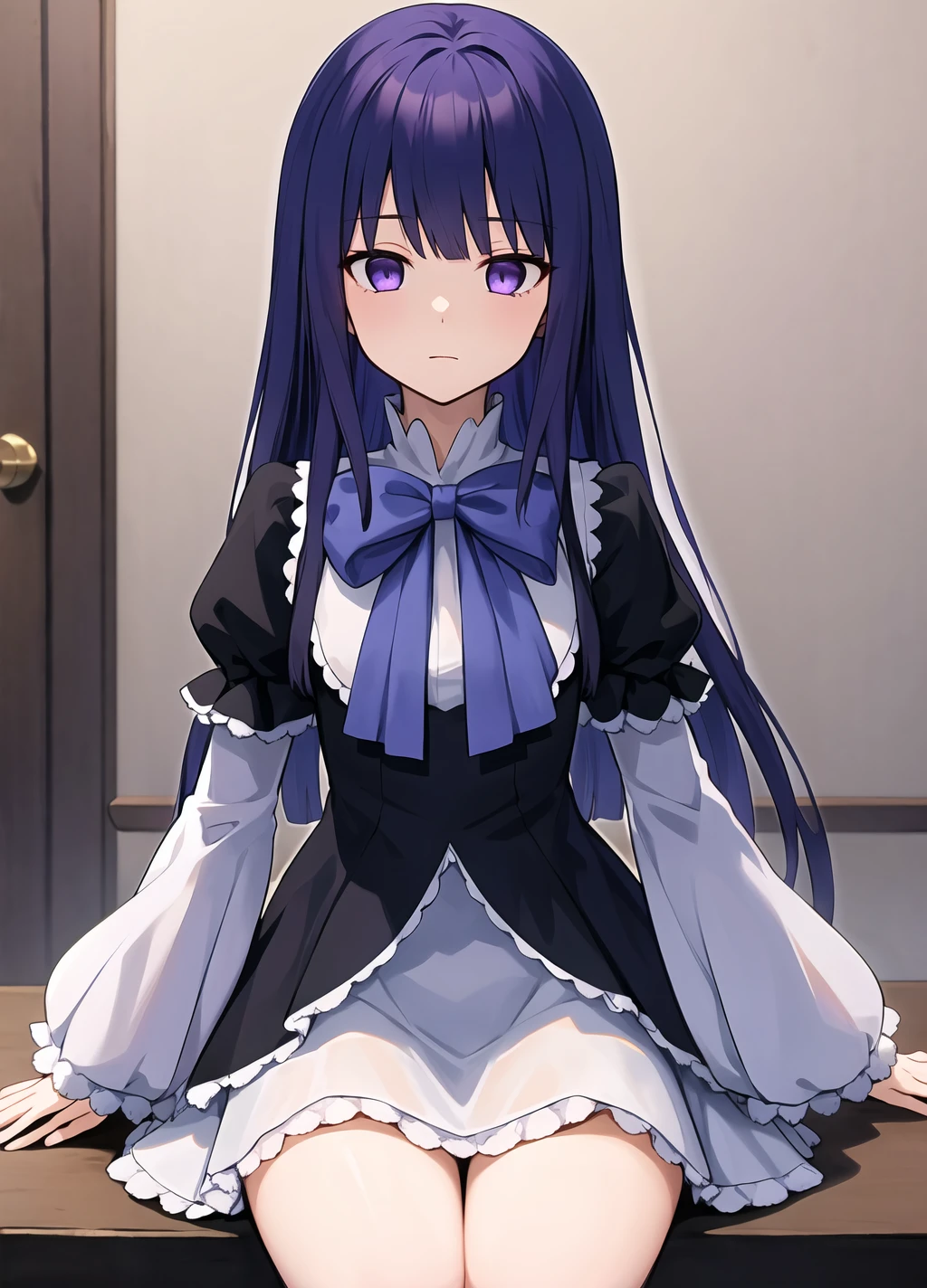masterpiece, best quality, 1girl, frederica bernkastel, solo, dress, long hair, blue hair, purple eyes, layered sleeves, long sleeves, bow, puffy sleeves, short over long sleeves, short sleeves, black dress, sleeves past wrists, frills, purple bow, <lora:Frederica Bernkastel anything45pruned46r75r-000007:0.65>, looks at the viewer, is sitting