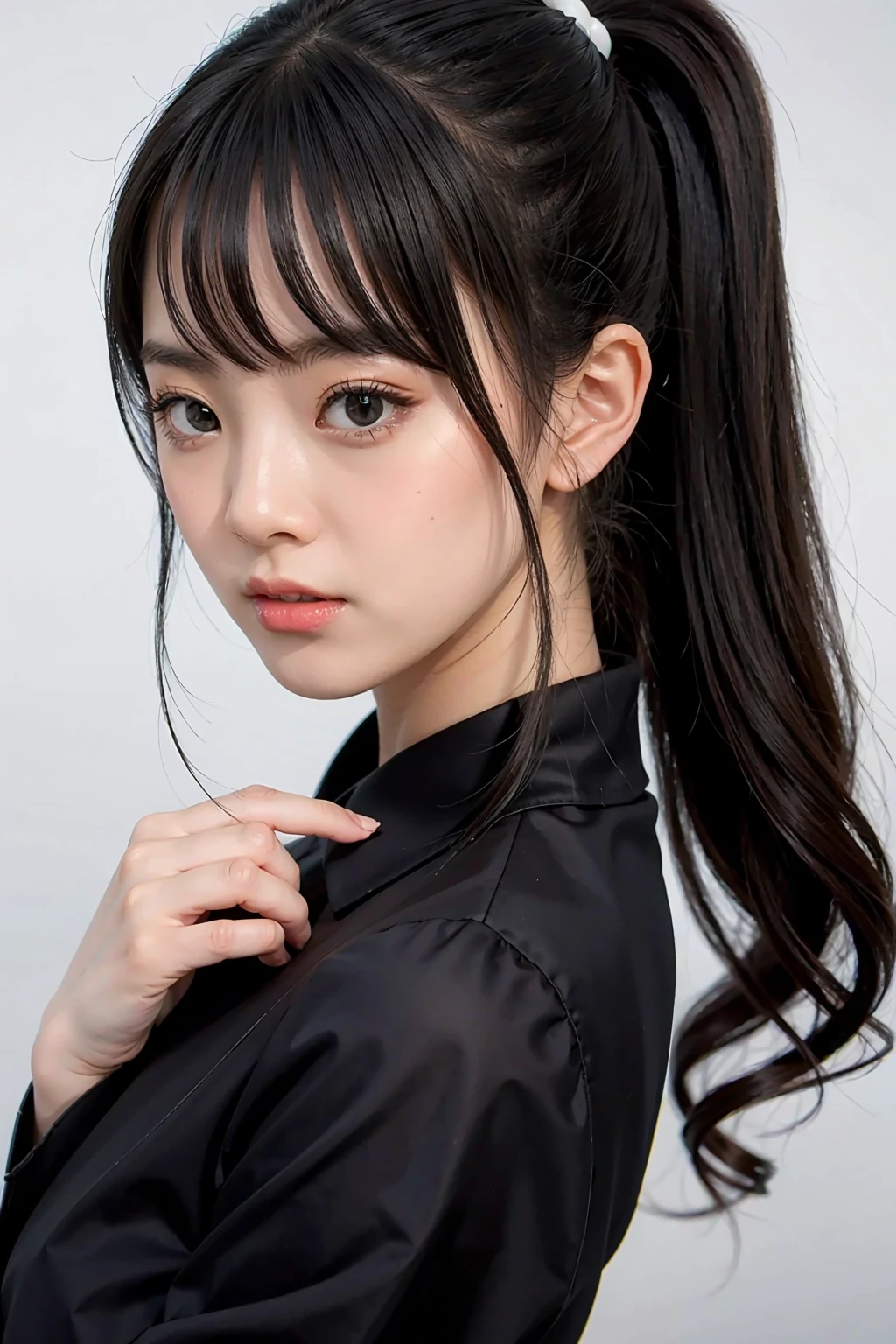 超A high resolution、​masterpiece、top-quality、
extra detailed face、A detailed eye、Very complex and、perfect glossy shiny skins、Perfect litthing、Detailed Lighting、Dramatic shadows、Ray traching、sixteen years old、
1 girl in、Half-up hairstyle、The upper part of the body、Black tailored jacket、white  shirt、looking at the viewers、(A slight smil:0.4)