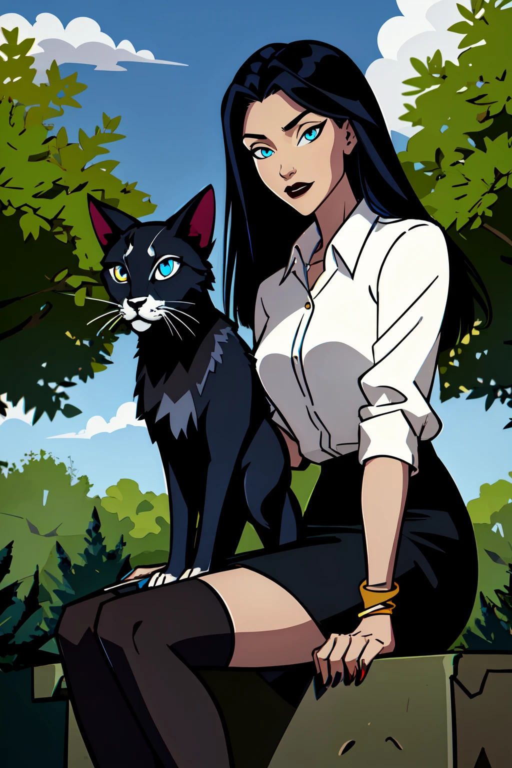 beautiful eyes, beautiful girl, high detail skin, high detail eyes, high detail hair, highres, ultra detailed, sharpen picture, Highly detailed, masterpiece, best quality, photorealistic,
 <lora:Catwoman2004LoRA:0.8>1girl, black long hair, shirt, skirt, stockings, bracelet, cat:1.2, in a park, trees, blue sky, white clouds