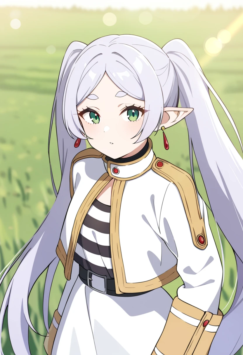 1girl, frieren, sousou no frieren,
long hair, twintails, green eyes, silver hair, white dress, pointy ears, earrings, 
field, lens flare, 
masterpiece, best quality,
