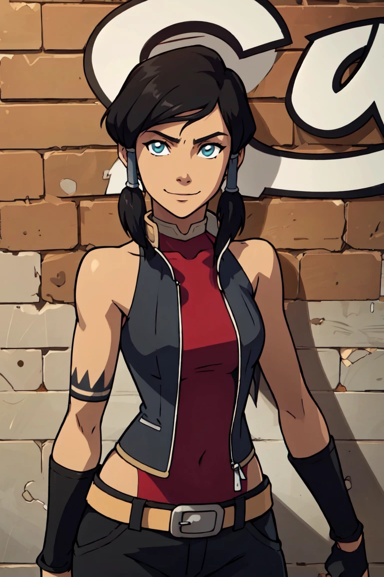 ((masterpiece,best quality)), <lora:Sugimori_Ken_Style_v3:0.5>, absurdres, <lora:Korra_v3:0.7>, korra, short hair, black hair, solo, smiling, looking at viewer, cowboy shot, leather jacket, leather pants, strapless bra, black jacket, tight pants, black choker, zipper, fingerless gloves, biker clothes, spikes, unzipped, multiple belts, shiny clothes, high collar, (graffiti:1.2), brick wall,