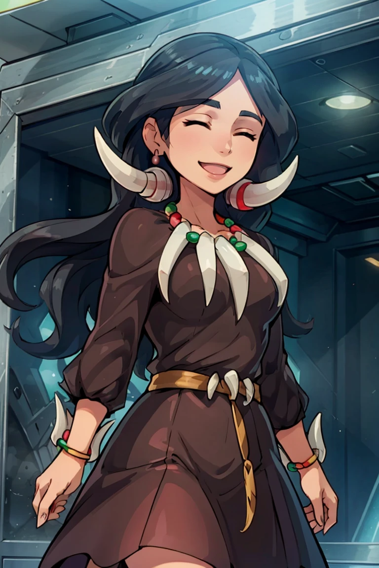 ((masterpiece,best quality)), <lora:Drasna_Pokemon_v2:0.8>, drasna (pokemon), 1girl, solo, long hair, black hair, closed eyes, earrings, jewelry, necklace, brown dress, smile, cowboy shot,