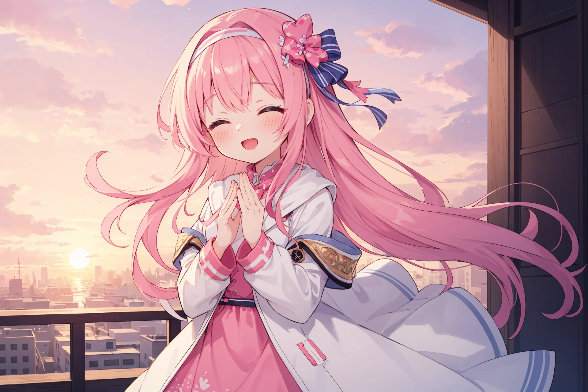 masterpiece, best quality,((ultra detailed)),(1girl),solo,beautiful illustration,beautiful detailed eyes, (wallpaper),intrinsic lighting,\jacket, dress\,bow,hairband,hair ornament,\sunset with pink sky,balcony\,closed eyes,clapping,:d, tilted head, in love with viewer,\ floating hair, cute face, kawaii