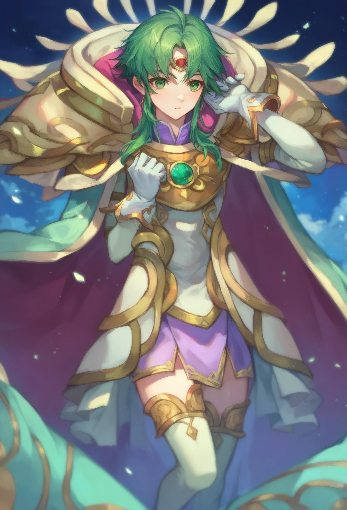 score_9, score_8_up, score_7_up, score_6_up, source anime, feh_seoreh_pnxl, fire emblem heroes, larachel, 1girl, green hair, solo, green eyes, jewelry, cape, gloves, armor, thighhighs, ,whorled clouds, night sky, dappled moonlight, depth of field
<lora:fire_emblem_heroes_pony:1>