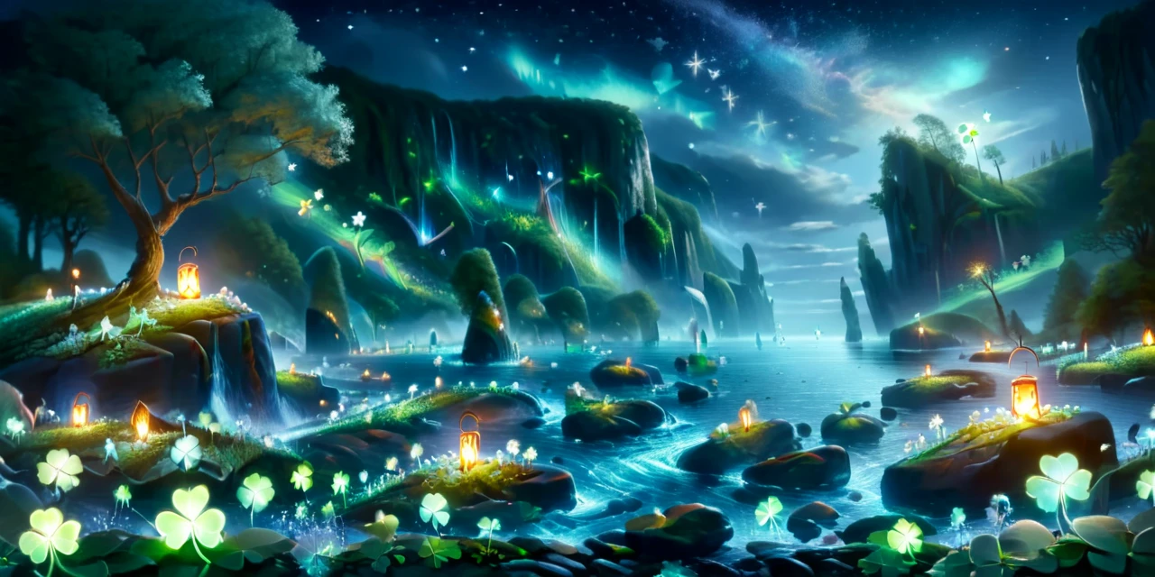 CelticLandStyle,CelticLandStyle,fantasy, water, blue sky, night, glowing four-leaf clover, nature, tree, waterfall, flower, lantern,stars, <lora:CelticLandStyleXL:1> <lora:xl_more_art-full_v1:0.8> ,<lora:add-detail-xl:0.8>