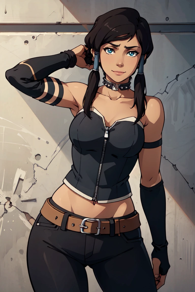 ((masterpiece,best quality)), absurdres, <lora:Korra_v3:0.7>, korra, long hair, black hair,  solo, smiling, looking at viewer, cowboy shot, leather jacket, leather pants, strapless bra, black jacket, tight pants, black choker, zipper, fingerless gloves, biker clothes, spikes, unzipped, multiple belts, shiny clothes, high collar, (graffiti:1.2), brick wall,