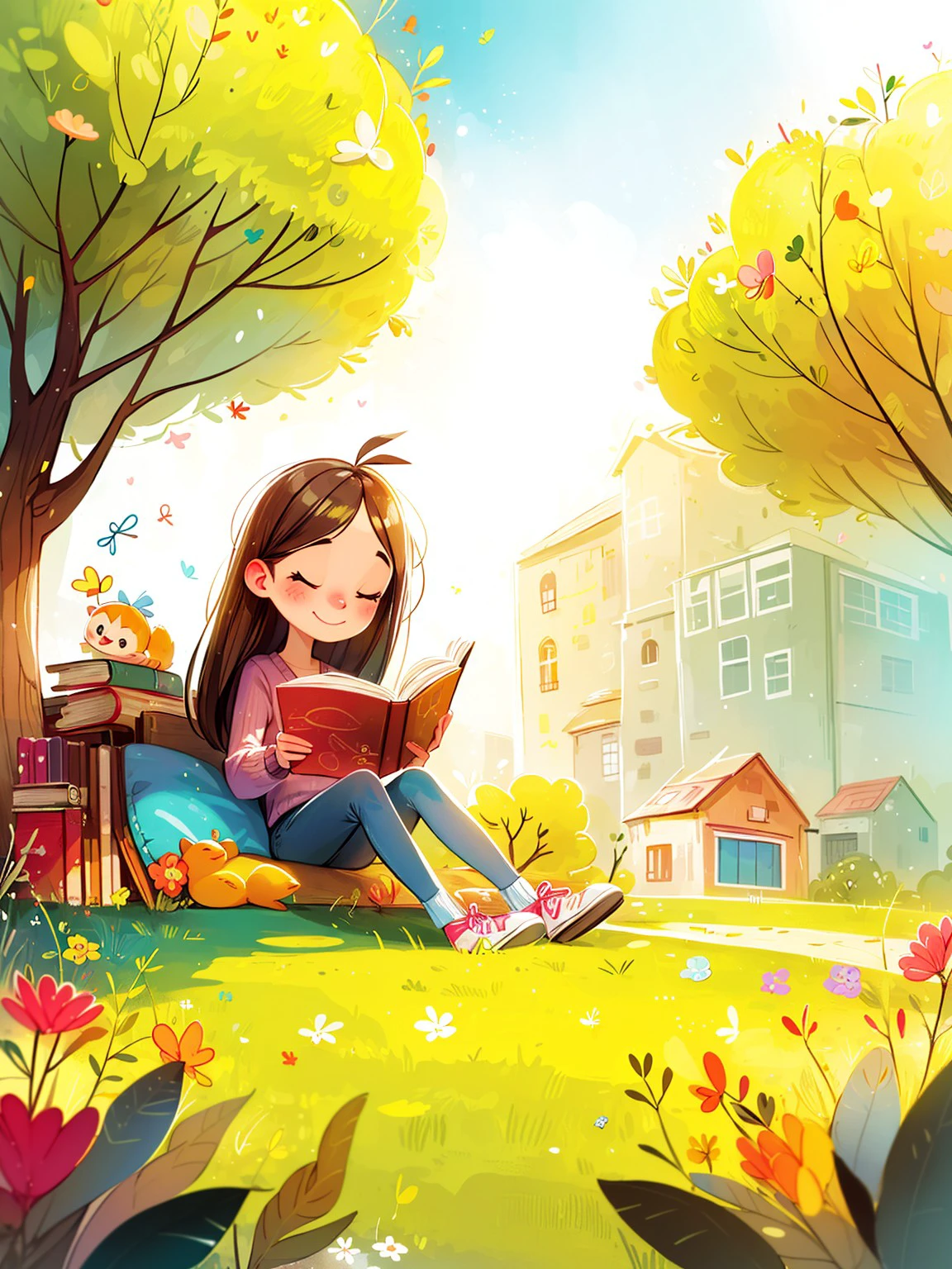 masterpiece, high quality, a cute girl, read book, under the tree, <lora:J_huiben:0.8> j_huiben