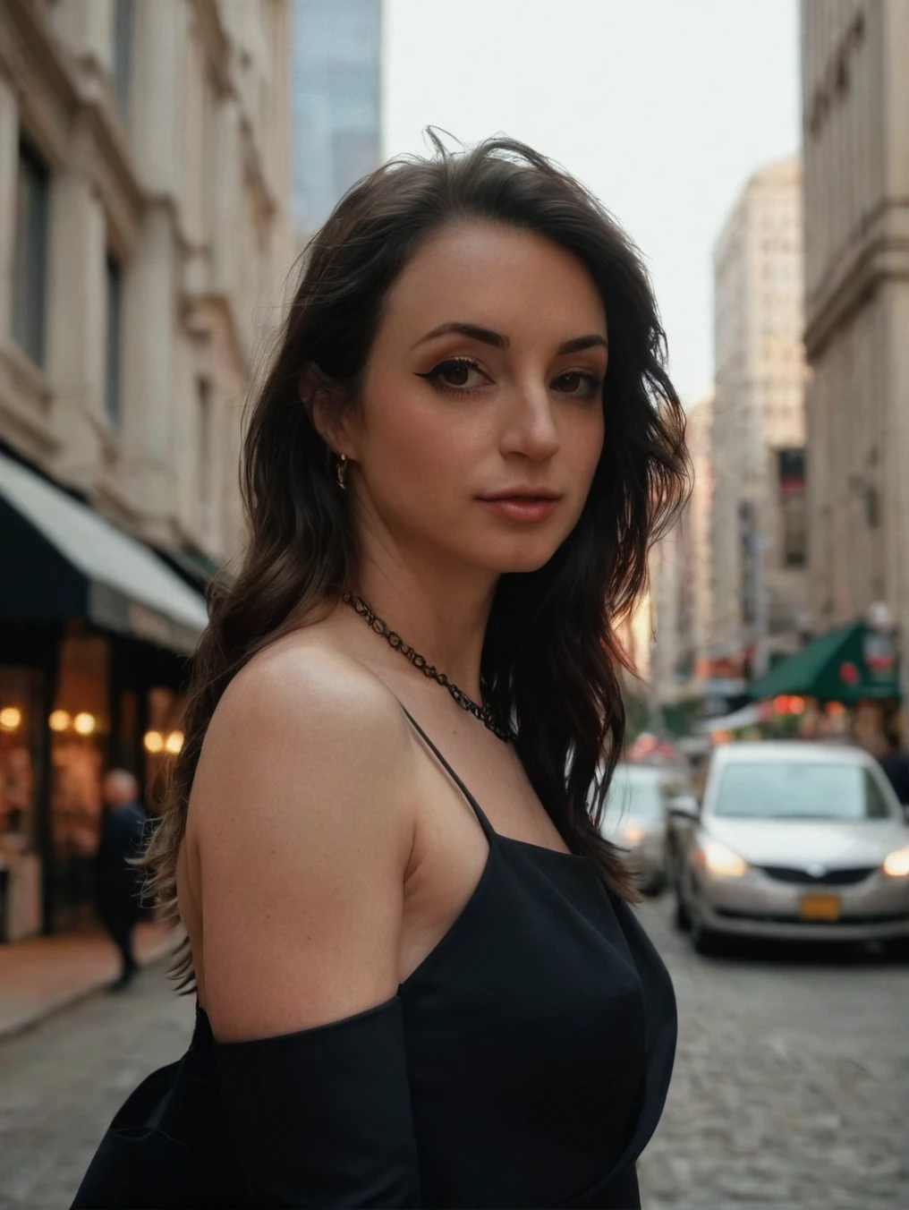 a beautiful picture of gibiAsmrXL, <lora:gibiAsmrXL:1> detailed skin texture,masterpiece, photorealistic, woman, 4k, backlighting, light, RAW color photo,(fully in frame:1.1), (blush:0.5), (goosebumps:0.5),brunette, detailed face,wearing a black dress,city streets