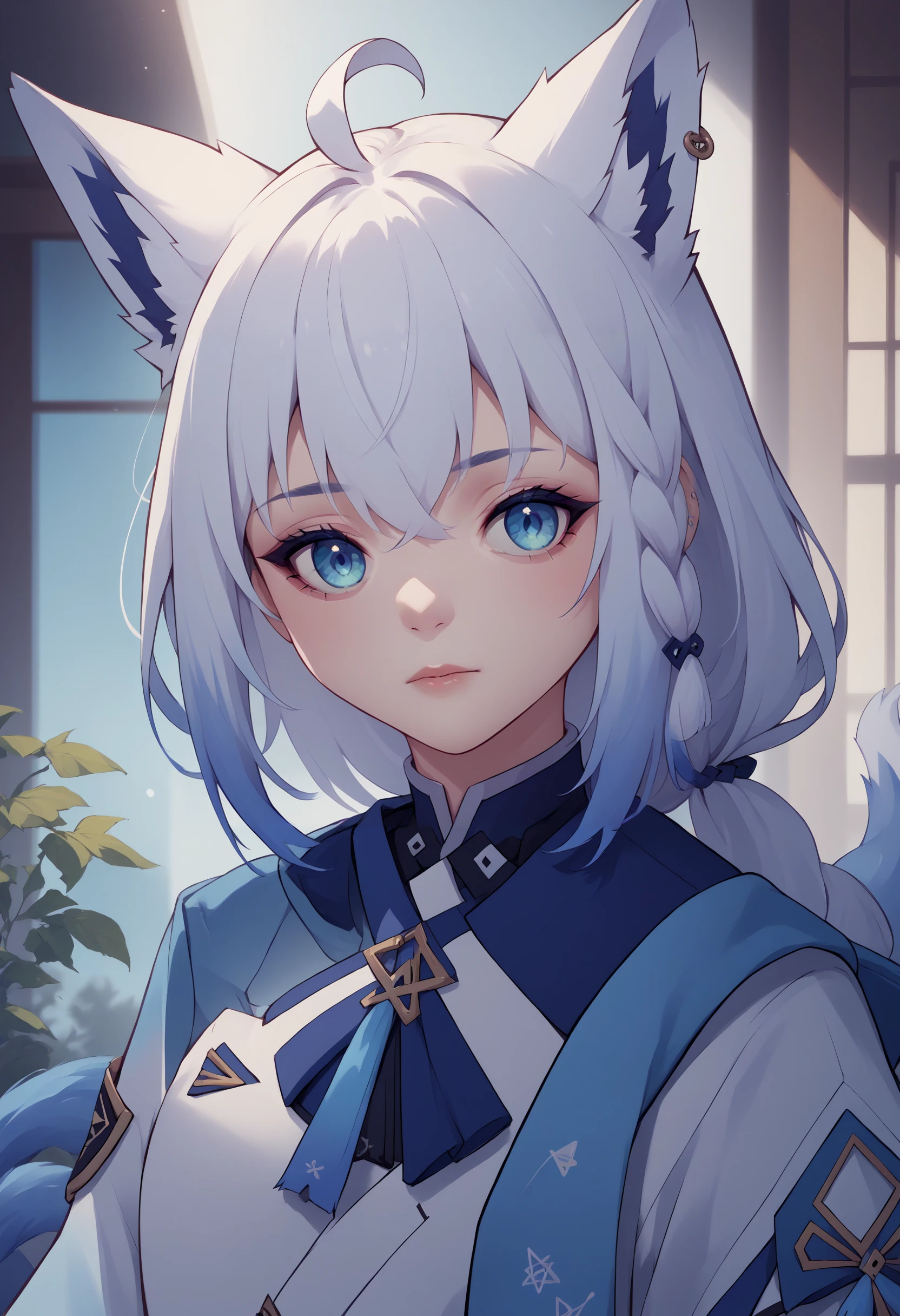 score_9, score_8_up, score_7_up, source_anime, 1girl, blue IncursioDipDyedHair, <lora:DipDyedHairXLPD:1>, upper body,<lora:shirakami_fubuki_sdxl_pony-2:0.8> fubuki, white hair, single side braid, ahoge, piercing, fox tail, pentagram,
