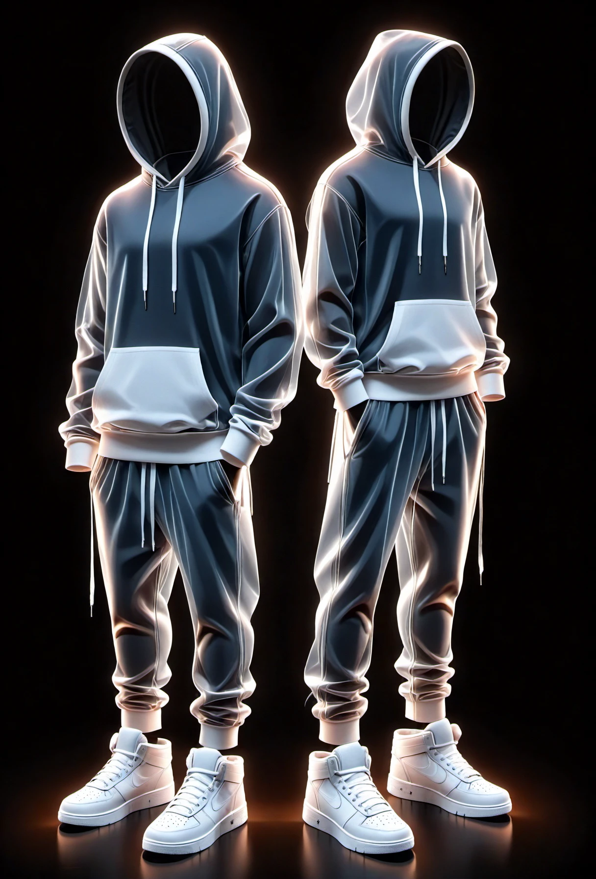 Hollow, A hollowstands with their hands loosely by their sides wearing a glowing white hoodie, sweatpants and high-top sneakers, a dark background accentuates the glowing outline and creases of the clothing. 