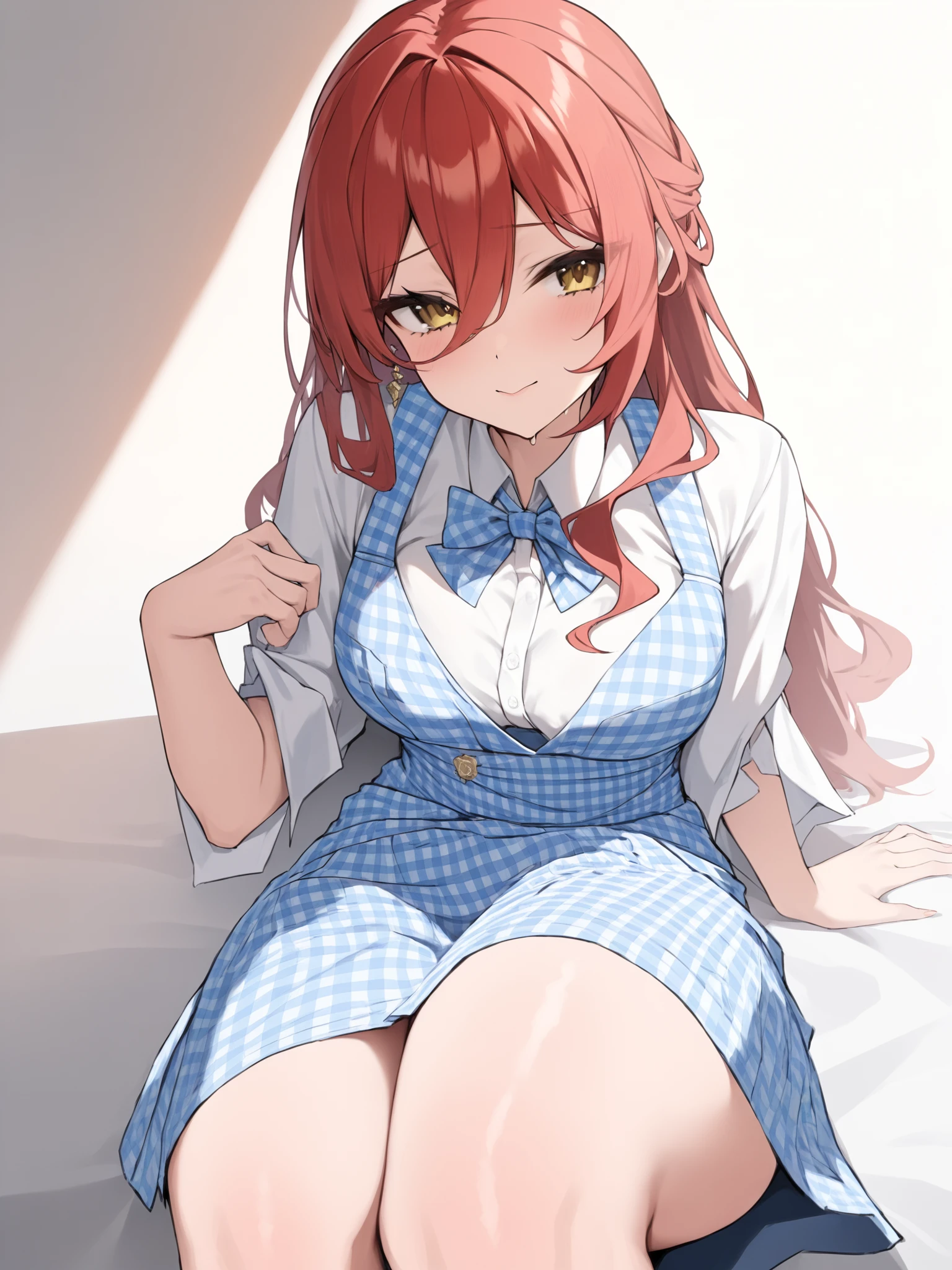 <lora:xl_himeko(kohaku_delta):1>,himeko is a girl with long red hair and yellow eyes,blue_gingham_apron,blue_bow,white_shirt,blue_skirt,, masterpiece, best quality,