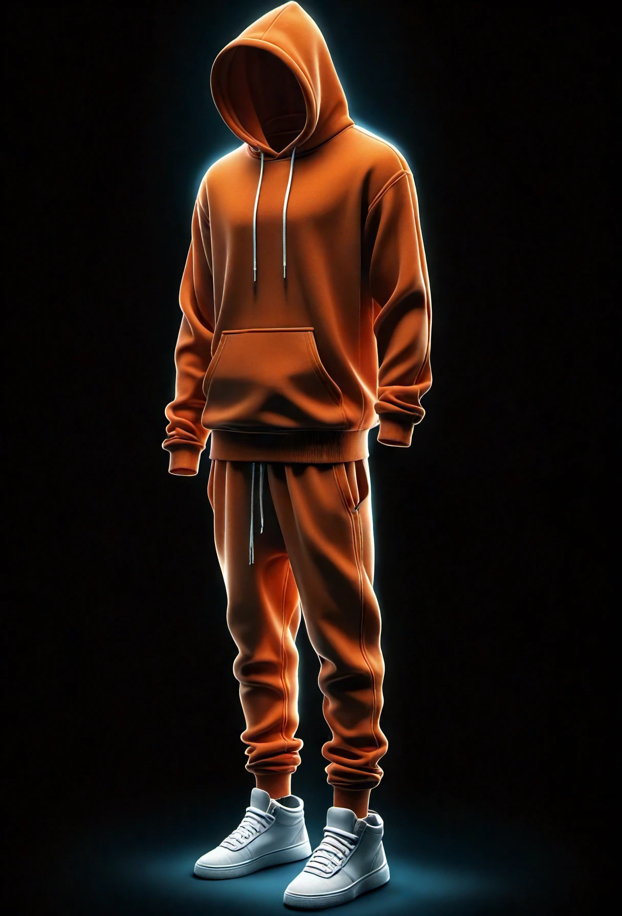 Hollow, A hollow stands with hollow hands loosely by their sides wearing a glowing orange hoodie, sweatpants and high-top sneakers, a dark background accentuates the glowing outline and creases of the clothing. 
