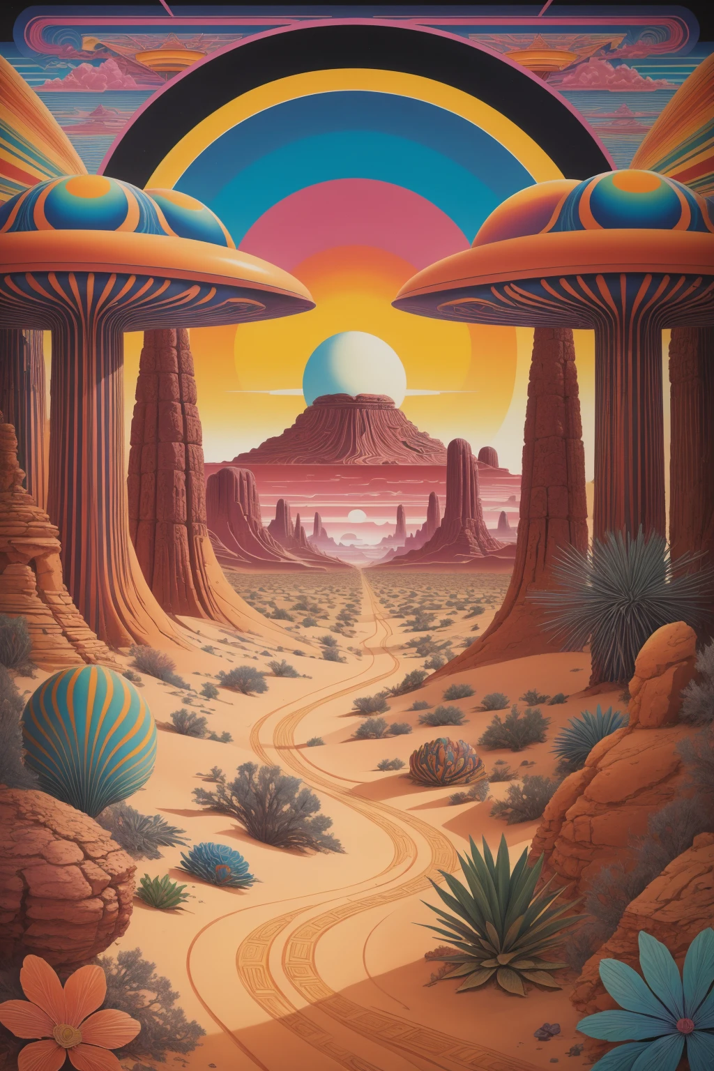 <lora:psychedelic-landscape:0.8> art-deco poster, psychedelic desert-landscape