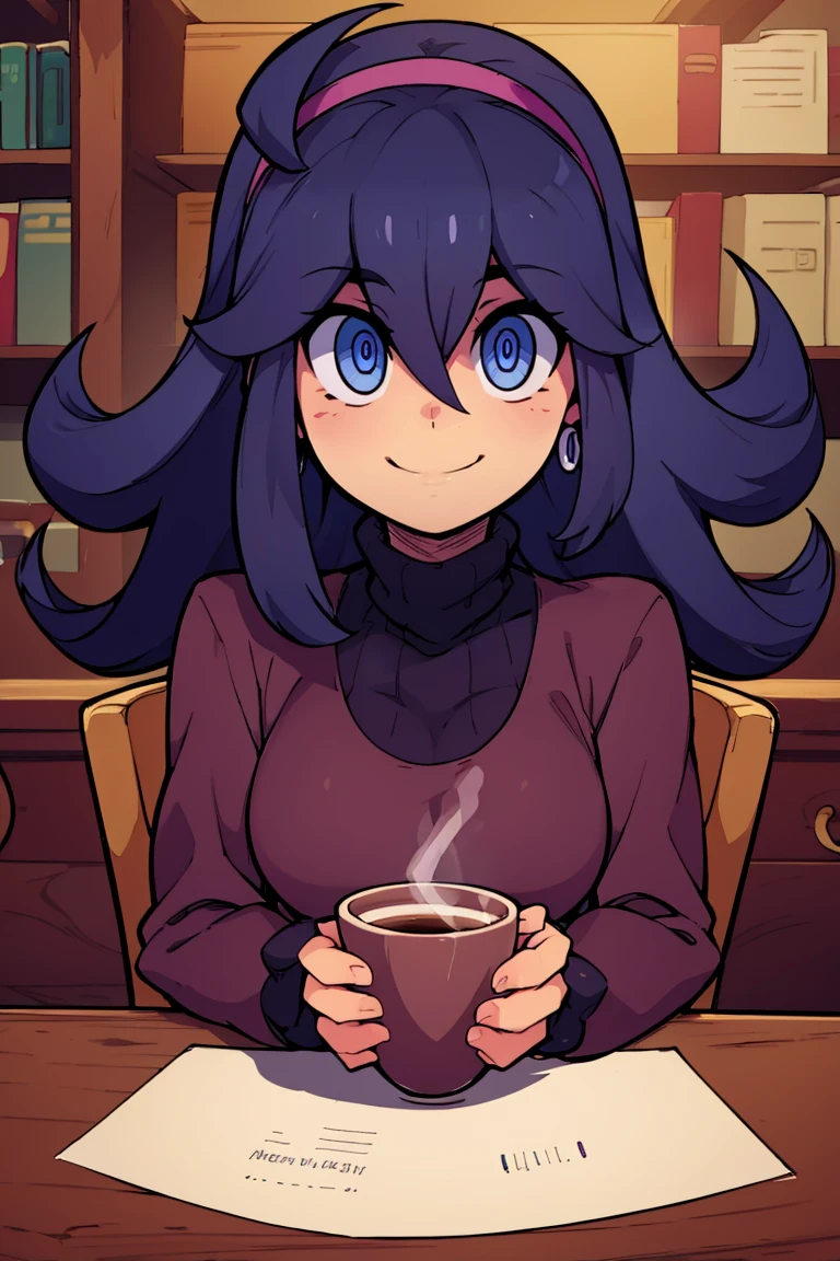 ((masterpiece, best quality)), <lora:Bold_CAT:0.8>, <lora:Hex_Maniac_Pokemon_v2:0.8>, hex maniac (pokemon), smile, looking at viewer, , turtleneck sweater, earrings, library, cup of coffee, sitting at table
