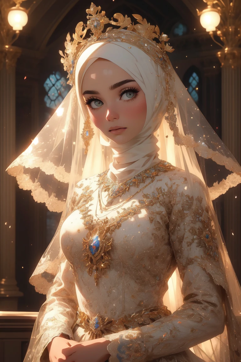 official art, unity 8k wallpaper, ultra detailed, beautiful and aesthetic, masterpiece, best quality, Surrealism, high detail, modern, motion blur, ray tracing, film grain, drop shadow, UHD, masterpiece, anatomically correct, super detail, 4K, A graceful woman dressed in an ethereal hijab wedding dress with intricate lace and delicate embroidery, surrounded by a soft glow. The artwork should have a cinematic feel with dramatic lighting and a mystical setting. The artist's style should be realistic and highly detailed, taking inspiration from the works of Victoria Frances and Nene Thomas. The resolution should be 4K or higher, by Artgerm, 4k, natural daylight, white head crown with full ornament, perfection, ultra high res,hijab wedding<lora:EMS-314413-EMS:0.400000>