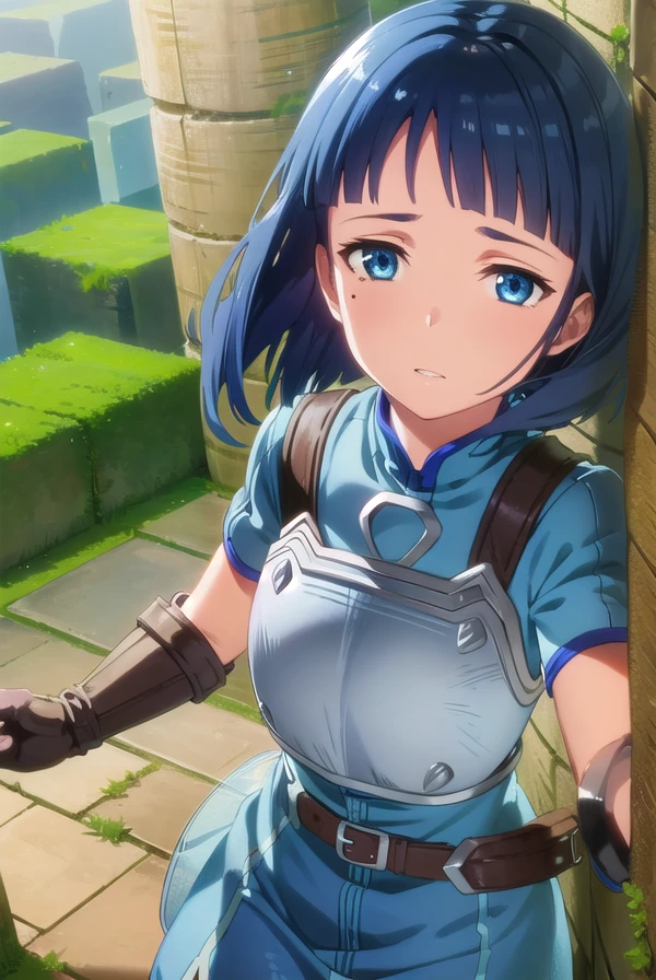 saosachi, <lora:sao sachi s1-lora-nochekaiser:1>, 
sachi, short hair, blue eyes, blue hair, mole, mole under eye, bangs, blunt bangs,
BREAK gloves, elbow gloves, belt, armor, breastplate, shirt, blue shirt,
BREAK outdoors, nature, forest, sun, sky,
BREAK looking at viewer, (cowboy shot:1.5),
BREAK <lyco:GoodHands-beta2:1>, (masterpiece:1.2), best quality, high resolution, unity 8k wallpaper, (illustration:0.8), (beautiful detailed eyes:1.6), extremely detailed face, perfect lighting, extremely detailed CG, (perfect hands, perfect anatomy),