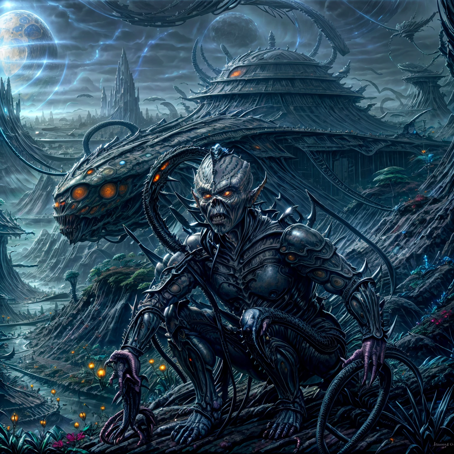 RAW photo of a (male yuuzhan vong warrior )<lora:YuuzhanVong:1> (wearing  organic grey armor:1.3),<lora:more_details:1> ,(holding a snake staff with both hands), background  <lora:CosmicLandscapes:.5>CosmicLandscapes, ((painting of an alien landscape)), ((jungle planet)), fog, ((alien plants)), ((city)), rocks, chiaroscuro, beautifully lit, cinematic lighting, dramatic lighting, natural lighting, naturalism, (golden ratio), detailed, 8K, by Bruce Pennington, Danny Flynn