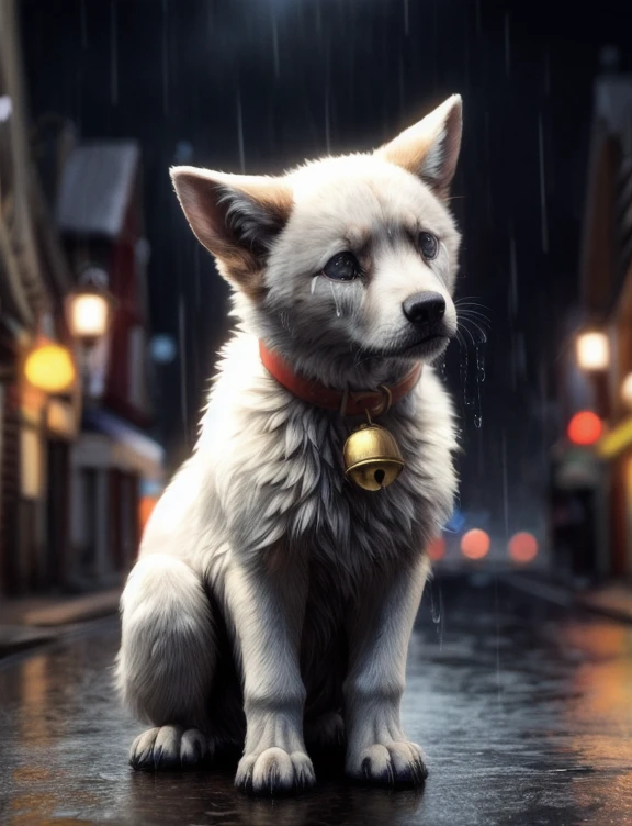 ((masterpiece, best quality:1.4)), bokeh, fluffy, 3d,
solo, (feral:1.4), full-length portrait, 
pantherine, bell collar, 
sad, tears, 
raining, town,