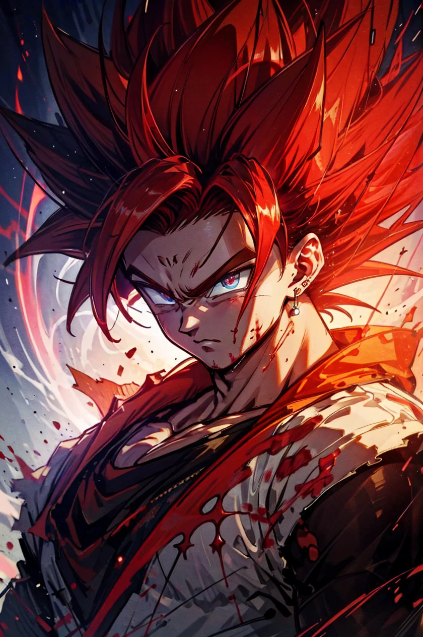 masterpiece. High quality,highest detailed,1boy,glowing,aura,<lora:Saiyan:0.8>,Saiyan,super_saiyan,blood,red hair,earrings,body fur,