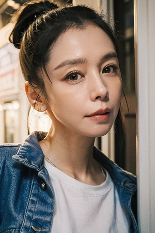 Best quality,masterpiece,ultra high res,(photorealistic:1.2),1girl,deep shadow,low key,(photorealistic:1.2),slim body,taiwan street alley,dynamic pose,face closeup,<lora:vivian_hsu:0.9>,