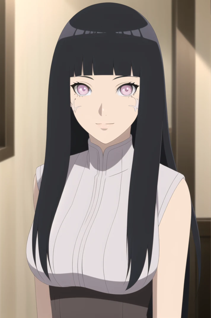 (masterpiece, high quality, detailed background:1.1), 1girl, solo,
<lora:HyugaHinata-v1-06:0.6>, ChopioHyugaHinata, long hair, black hair, straight hair, shiny hair, blunt bangs, white eyes, no pupils, (looking at viewer:1.3), 
mature female, (large breasts:1.2),
outfit_1, white shirt, ribbed shirt, sleeveless, waistband, portrait, close up,
white eyes, white pupils, facial mark, veins,
bedroom, standing, smile, arms at sides,