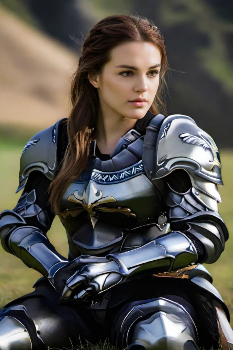 <lora:HXarmour_002XL:0.9>,hxarmour,1girl,(gray armour:1.1),mountain,Sitting with elbows on knees,