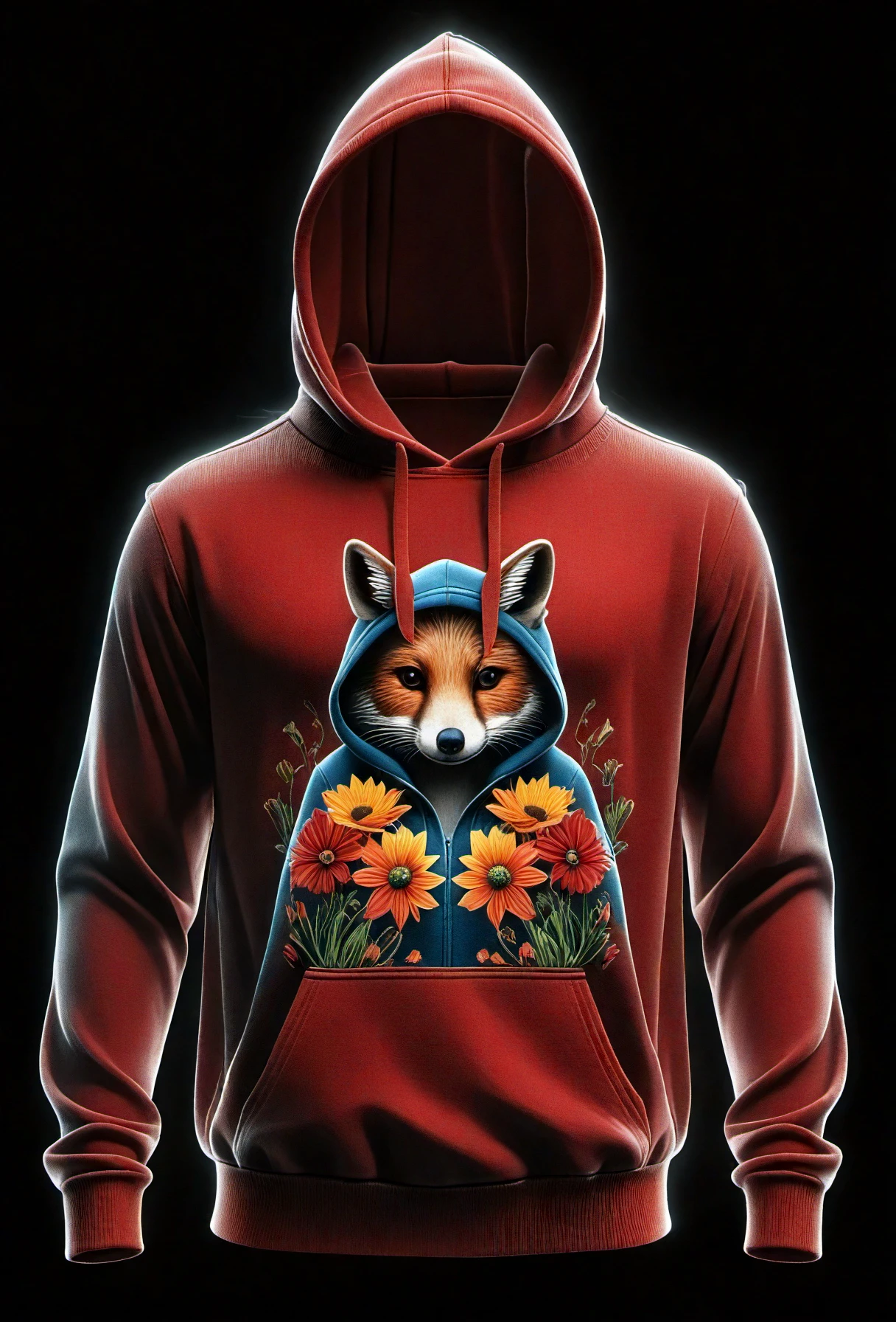 Hollow, A hollow stands with hollow hands loosely by their sides wearing a hoodie, a A long-sleeved shirt with a vibrant floral pattern and illustrations of animals,a dark background accentuates the glowing outline and creases of the clothing.