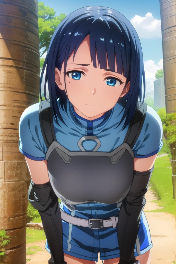 saosachi, <lora:sao sachi s1-lora-nochekaiser:1>, 
sachi, short hair, blue eyes, blue hair, mole, mole under eye, bangs, blunt bangs,
BREAK gloves, elbow gloves, belt, armor, breastplate, shirt, blue shirt,
BREAK outdoors, nature, forest, sun, sky,
BREAK looking at viewer, (cowboy shot:1.5),
BREAK <lyco:GoodHands-beta2:1>, (masterpiece:1.2), best quality, high resolution, unity 8k wallpaper, (illustration:0.8), (beautiful detailed eyes:1.6), extremely detailed face, perfect lighting, extremely detailed CG, (perfect hands, perfect anatomy),