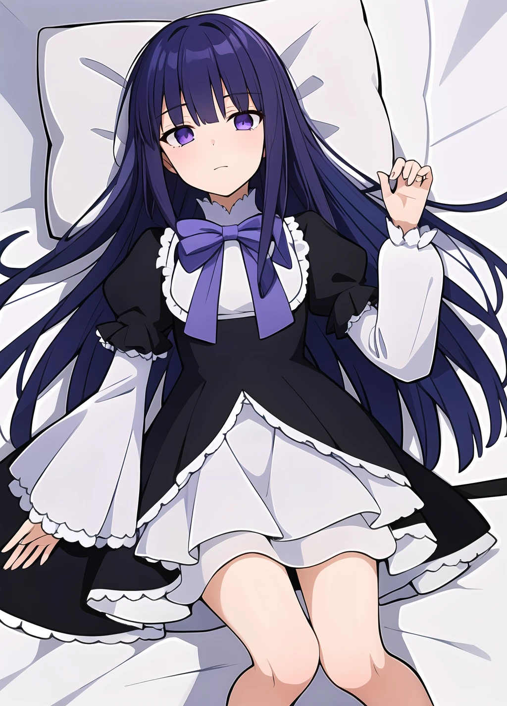 masterpiece, best quality, 1girl, frederica bernkastel, solo, dress, long hair, blue hair, purple eyes, layered sleeves, long sleeves, bow, puffy sleeves, short over long sleeves, short sleeves, black dress, sleeves past wrists, frills, purple bow, <lora:Frederica Bernkastel anything45pruned46r75r-000007:0.65>, looks at the viewer, lying in bed,