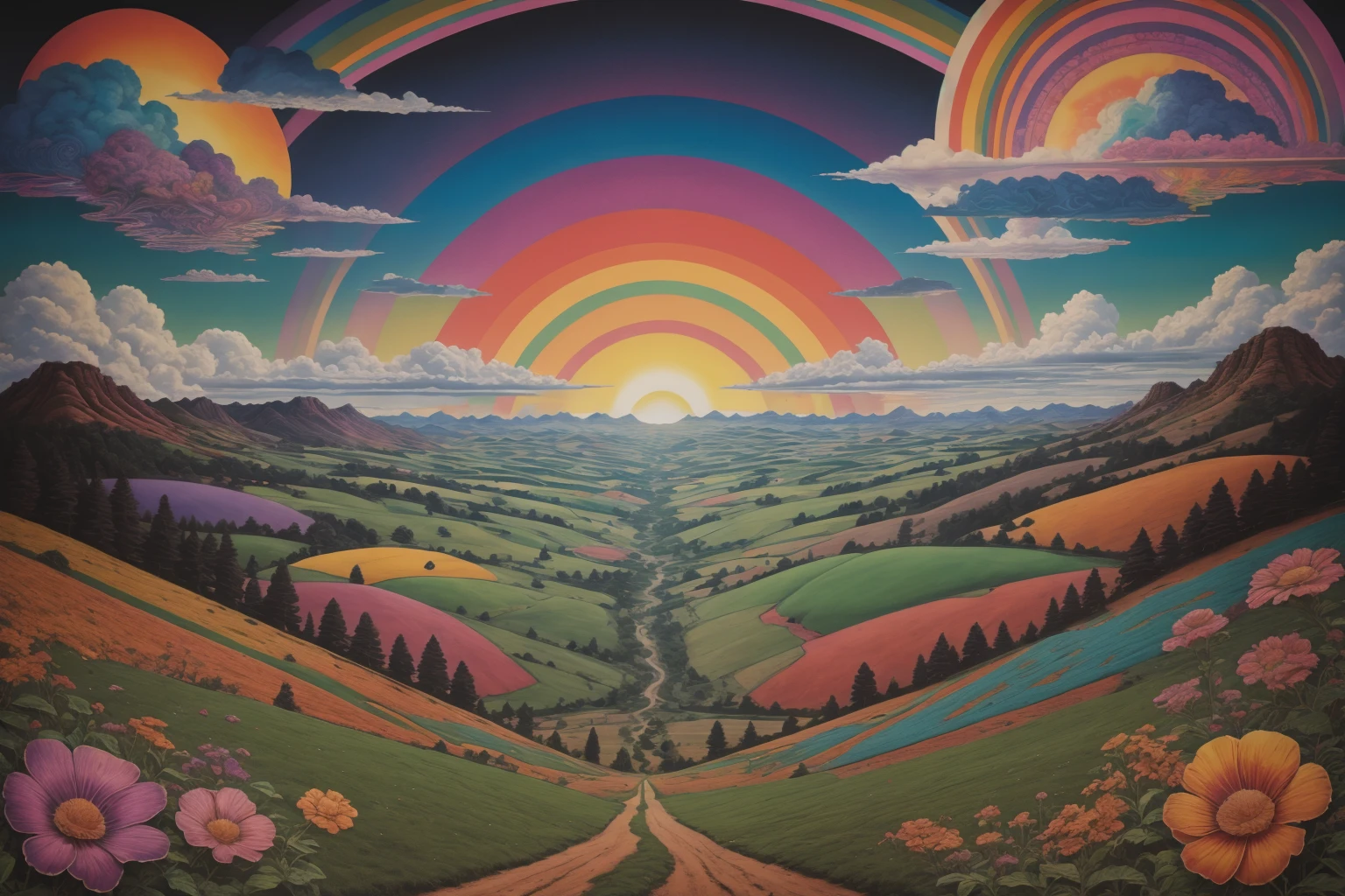 <lora:psychedelic-landscape:1>poster, psychedelic farmland-landscape BREAK woman standing