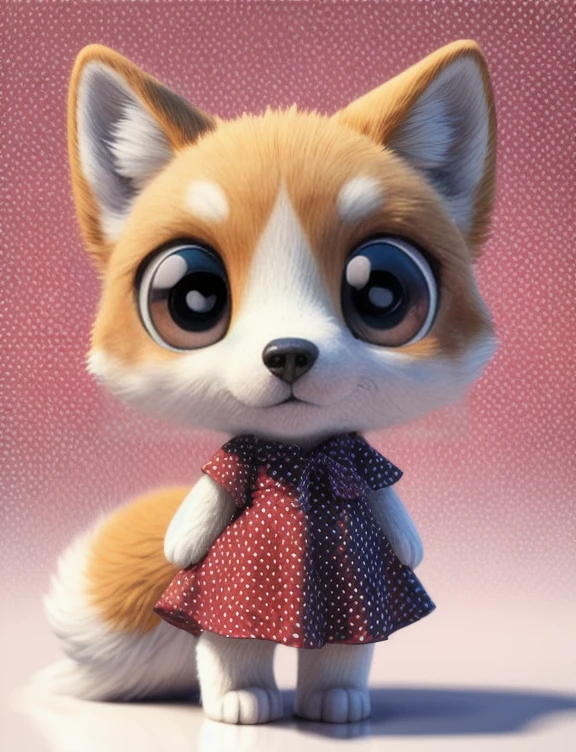 ((masterpiece, best quality:1.4)), bokeh, fluffy, 3d,
furry female, solo, anthro, full-length portrait, 
shiba inu, 
chibi, cub, 
polka dot dress, 
(dotted background:1.1),