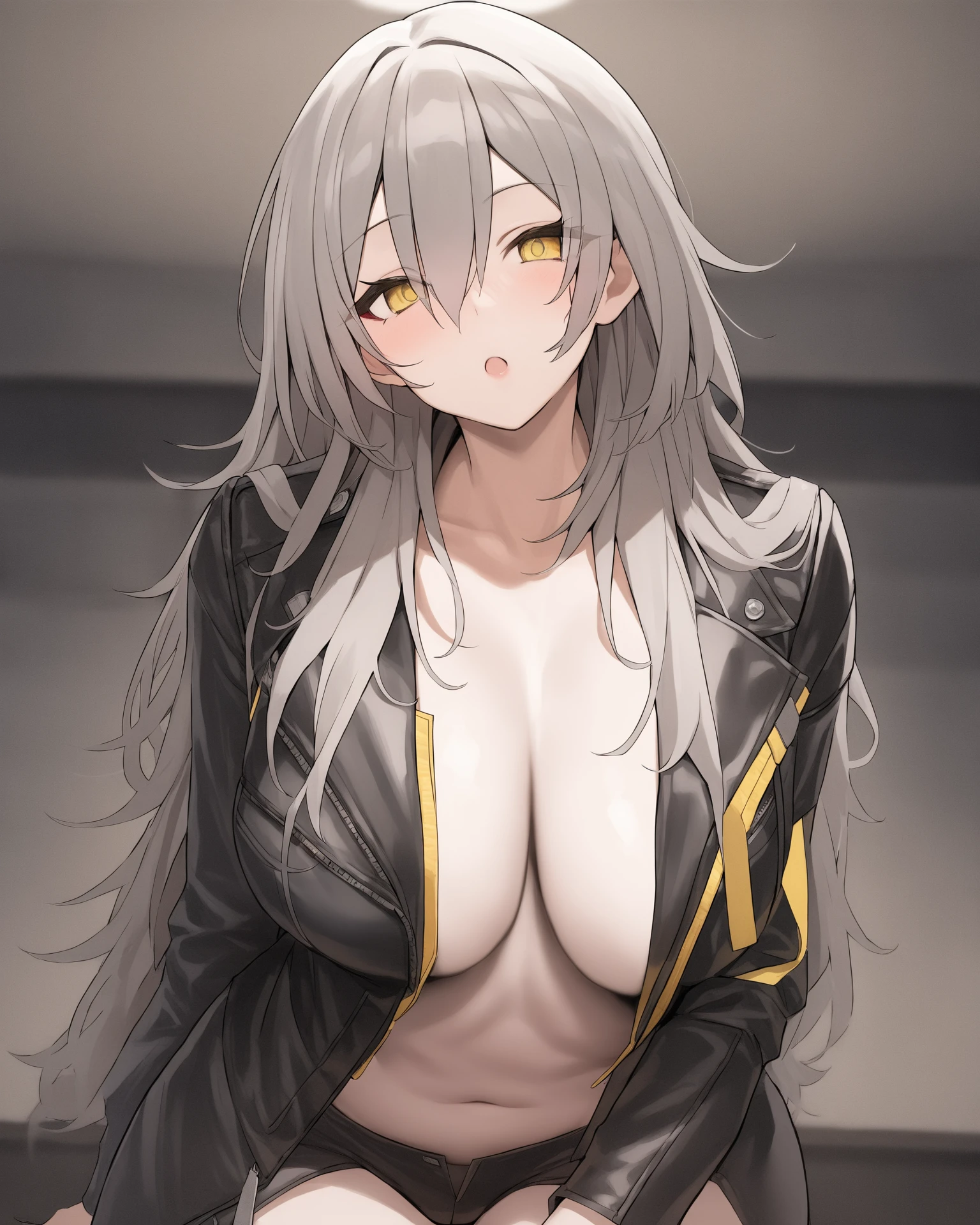 <lora:xl_Stelle(kohaku_delta):1>,stelle is a girl with long gray hair and yellow eyes,leather jacket,, masterpiece, best quality,