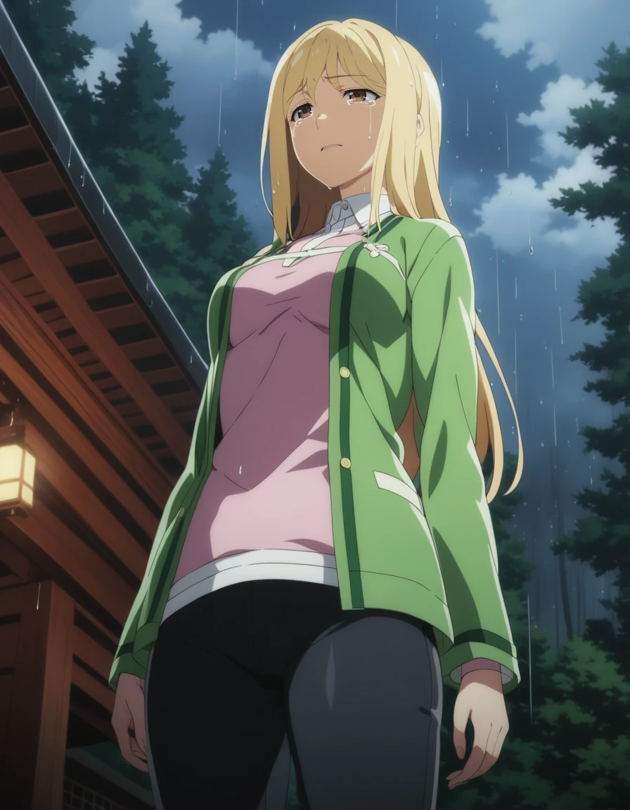 1girl,
<lora:takanomiyoXL1:0.8>,takanomiyo,
blonde hair,long hair,brown eyes,
shirt, jacket,pants,
looking up, (rainy:1.2),forest,standing,tears, sad face,
cowboy shot,from below,
Shinto shrine,
masterpiece, best quality, ultra detailed, highres,4k,(ultra-detailed:1.4) (illustration:0.5), (ray tracing,:0.8),(anime colored:0.7),(ai-generated:0.5), (anime screencap:1.2),