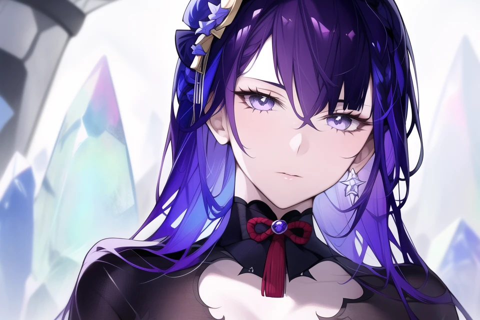 The Sorceress Girl, 18 years, long black and purple hair, cat tail, Gothic dress, purple eyes, ghostly purple cats around the character, detailed face, gloomy facial expression, hair down,